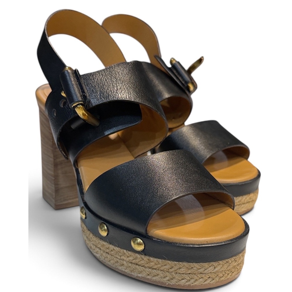 See By Chloe Glyn Platform Sandals Womens 38 Black Leather Studded Block Heel EX